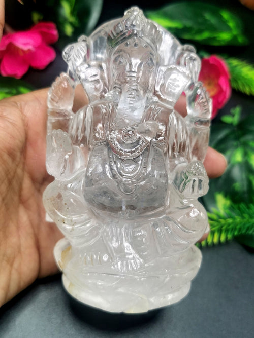 Ganesh statue in Clear Quartz Handmade Carving - Ganesha Ido |Sculpture in Crystals and Gemstones - 4.5 inches and 475 gms (1.05 lb)