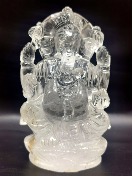 Ganesh statue in Clear Quartz Handmade Carving - Ganesha Ido |Sculpture in Crystals and Gemstones - 4.5 inches and 475 gms (1.05 lb)