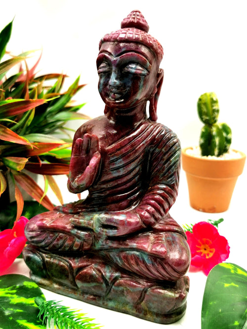 Red Ruby Kyanite Buddha - handmade carving of serene and meditating Lord Buddha - crystal/reiki/healing - 7 inches and 1.54 kg (3.39 lb)