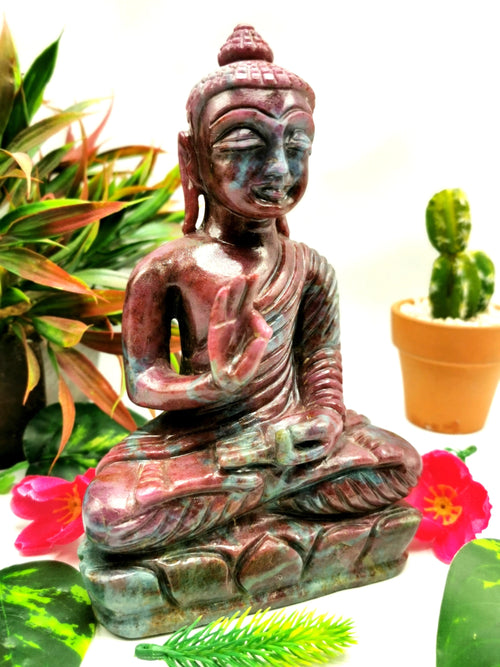 Red Ruby Kyanite Buddha - handmade carving of serene and meditating Lord Buddha - crystal/reiki/healing - 7 inches and 1.54 kg (3.39 lb)