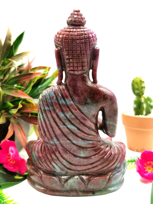 Red Ruby Kyanite Buddha - handmade carving of serene and meditating Lord Buddha - crystal/reiki/healing - 7 inches and 1.54 kg (3.39 lb)