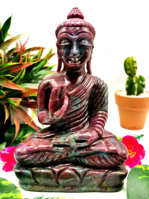 Red Ruby Kyanite Buddha - handmade carving of serene and meditating Lord Buddha - crystal/reiki/healing - 7 inches and 1.54 kg (3.39 lb)