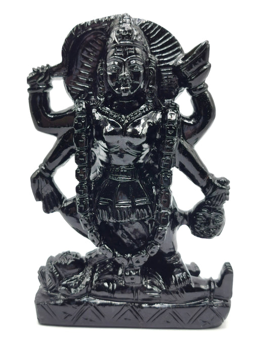 Mata Kaali statue/carving in black obsidian - Goddess Kali idol/murti in gemstones and crystals - 6 inches and 550 gms (1.21 lb)