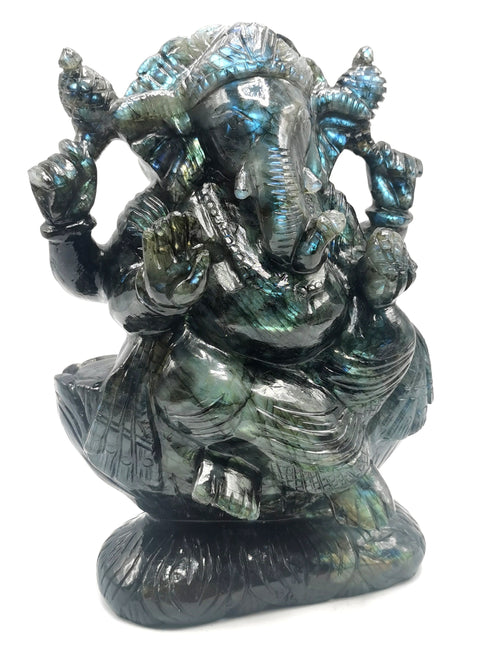 Large Labradorite Handmade Carving of Ganesh with blue flash - Lord Ganesha Idol/Statue in Crystals and Gemstones - 9 inch and 4 kg (8.9 lb)