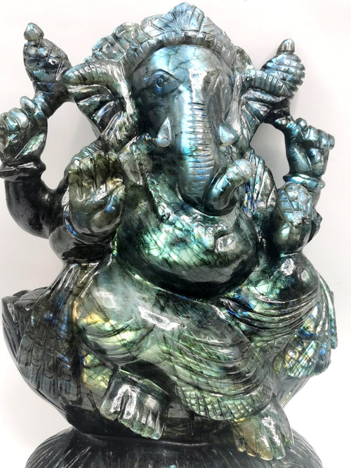 Large Labradorite Handmade Carving of Ganesh with blue flash - Lord Ganesha Idol/Statue in Crystals and Gemstones - 9 inch and 4 kg (8.9 lb)