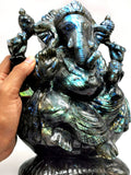 Large Labradorite Handmade Carving of Ganesh with blue flash - Lord Ganesha Idol/Statue in Crystals and Gemstones - 9 inch and 4 kg (8.9 lb)