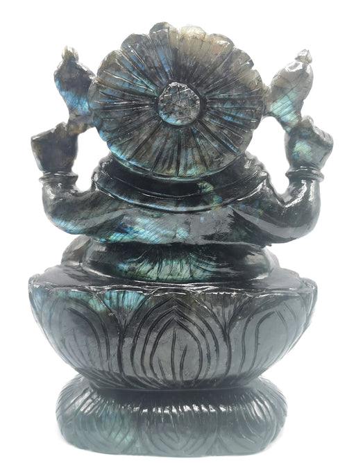 Large Labradorite Handmade Carving of Ganesh with blue flash - Lord Ganesha Idol/Statue in Crystals and Gemstones - 9 inch and 4 kg (8.9 lb)