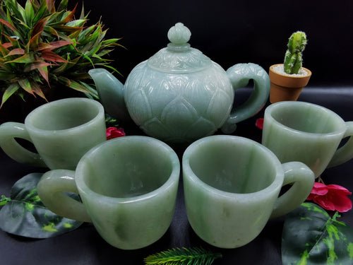 Green Aventurine tea set - exquisite carving of a tea kettle and 4 tea cups - crystal and gemstone carvings
