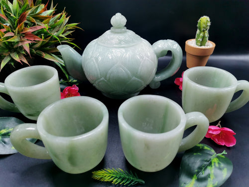 Green Aventurine tea set - exquisite carving of a tea kettle and 4 tea cups - crystal and gemstone carvings