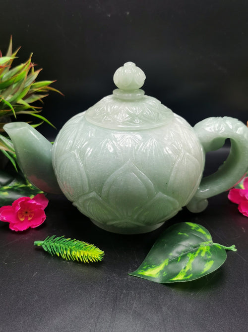 Green Aventurine tea set - exquisite carving of a tea kettle and 4 tea cups - crystal and gemstone carvings