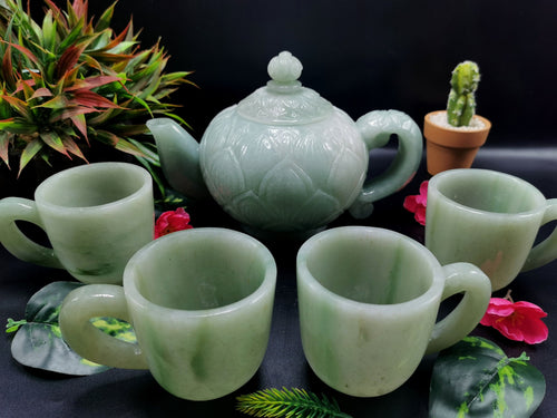 Green Aventurine tea set - exquisite carving of a tea kettle and 4 tea cups - crystal and gemstone carvings