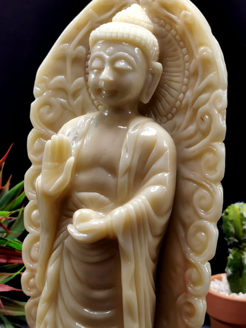 Ivory Agate Standing Buddha - handmade carving of serene and meditating Lord Buddha - crystal/reiki/healing - 10.5 in and 2.78 kg (6.12 lb)