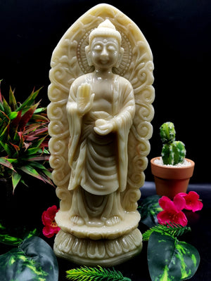 Ivory Agate Standing Buddha - handmade carving of serene and meditating Lord Buddha - crystal/reiki/healing - 10.5 in and 2.78 kg (6.12 lb)