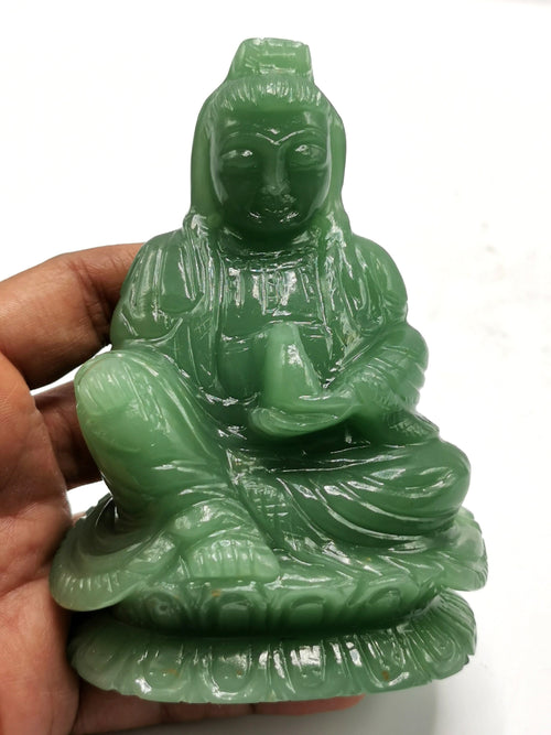 Green Aventurine Guanyin - handmade carving of Kwan Yin in sitting posture - crystal/reiki/healing - 4.25 inches and 450 gms (0.99 lb)