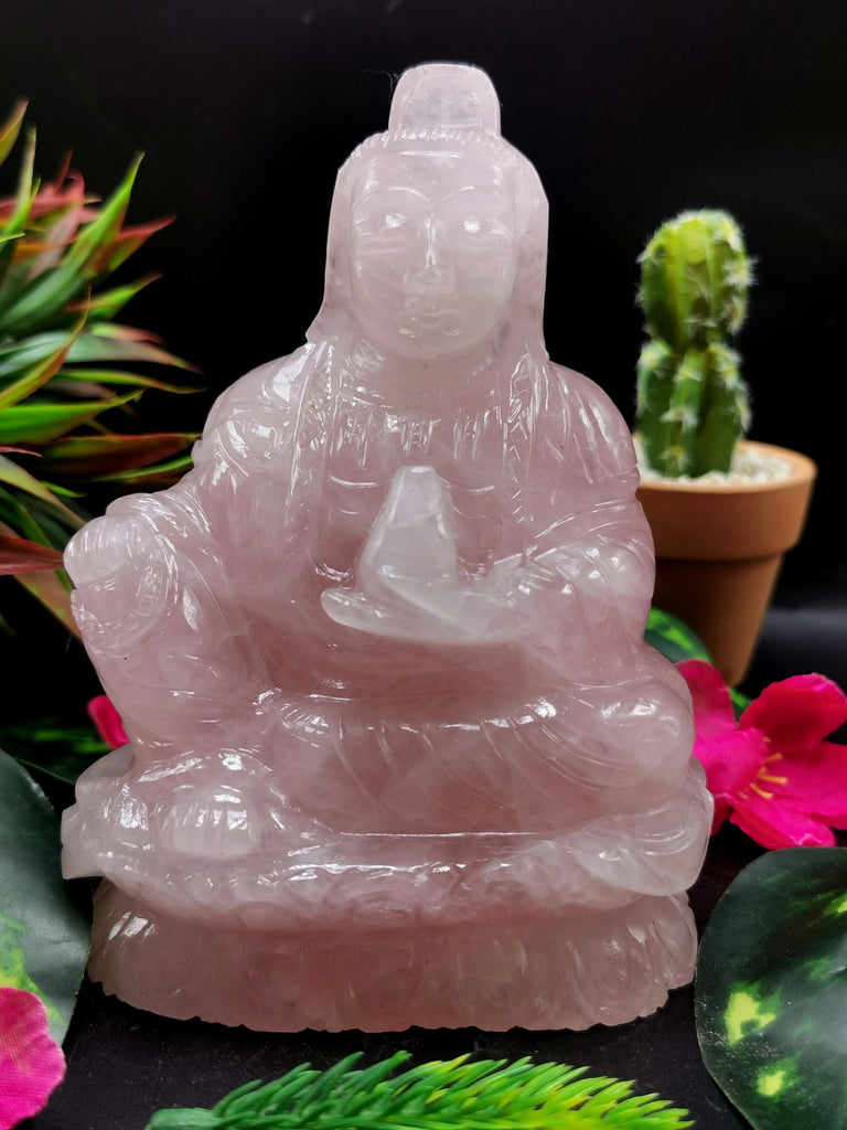 Rose Quartz Guanyin - handmade carving of Kwan Yin in sitting posture