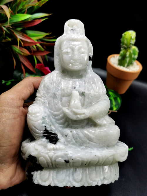 Moonstone Guanyin - handmade carving of Kwan Yin in sitting posture - crystal/reiki/healing - 6.5 inches and 1.21 kg (2.66 lb)