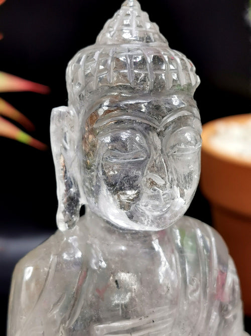 Clear Quartz/Clear Crystal Buddha - handmade carving of serene and meditating Lord Buddha - crystal/reiki/healing - 5 inches and 500 gms