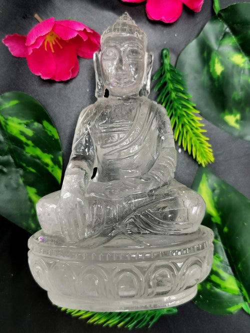 Clear Quartz/Clear Crystal Buddha - handmade carving of serene and meditating Lord Buddha - crystal/reiki/healing - 5 inches and 500 gms