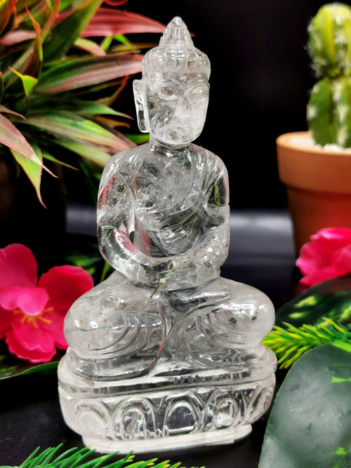 Clear Quartz/Clear Crystal Buddha - handmade carving of serene and meditating Lord Buddha - crystal/reiki/healing - 5 inches and 500 gms