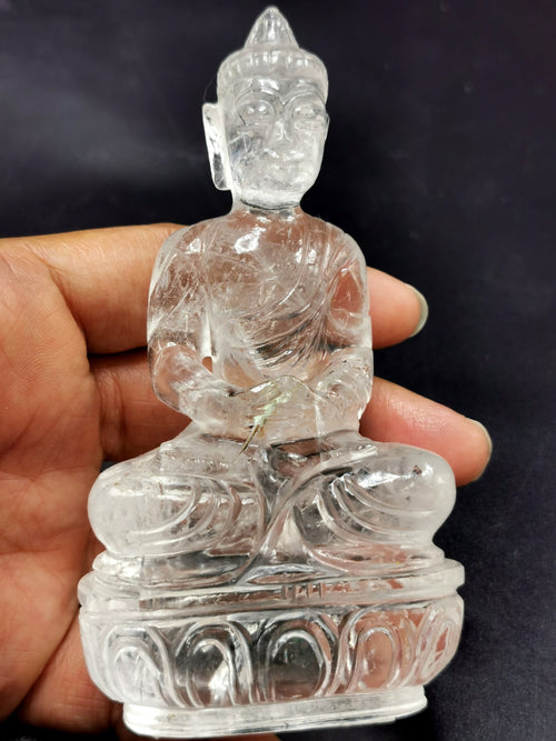 Clear Quartz/Clear Crystal Buddha - handmade carving of serene and meditating Lord Buddha - crystal/reiki/healing - 5 inches and 500 gms