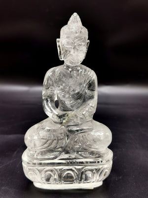 Clear Quartz/Clear Crystal Buddha - handmade carving of serene and meditating Lord Buddha - crystal/reiki/healing - 4.5 inches and 245 gms