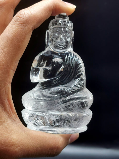 Clear Quartz/Clear Crystal Buddha - handmade carving of serene and meditating Lord Buddha - crystal/reiki/healing - 3.5 inches and 170 gms