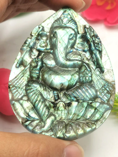 Labradorite Carving of Ganesh on a plate with blue flash - Lord Ganesha Idol | Figurine in Crystals and Gemstones - 3 inches and 36 gms