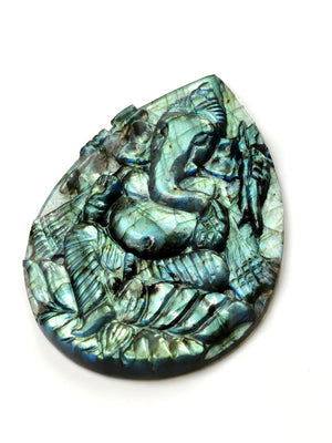 Labradorite Carving of Ganesh on a plate with blue flash - Lord Ganesha Idol | Figurine in Crystals and Gemstones - 3 inches and 36 gms