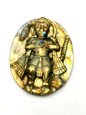 Labradorite Plate Carving of Lord Hanuman with golden flash | Bajrang Bali statue | Reiki/Chakra/Healing in gemstone and crystals - 2.5 in