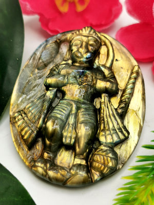 Labradorite Plate Carving of Lord Hanuman with golden flash | Bajrang Bali statue | Reiki/Chakra/Healing in gemstone and crystals - 2.5 in