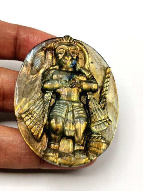 Labradorite Plate Carving of Lord Hanuman with golden flash | Bajrang Bali statue | Reiki/Chakra/Healing in gemstone and crystals - 2.5 in