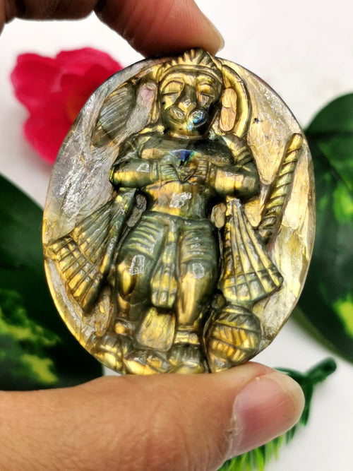 Labradorite Plate Carving of Lord Hanuman with golden flash | Bajrang Bali statue | Reiki/Chakra/Healing in gemstone and crystals - 2.5 in