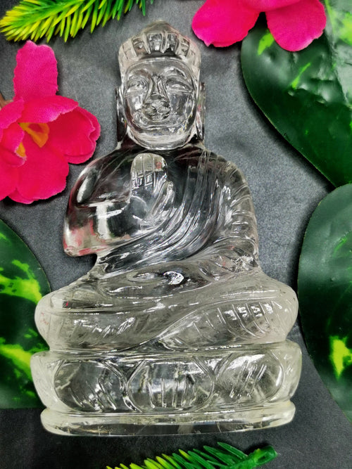 Clear Quartz/Clear Crystal Buddha - handmade carving of serene and meditating Lord Buddha - crystal/reiki/healing - 4.5 inches and 305 gms