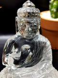 Clear Quartz/Clear Crystal Buddha - handmade carving of serene and meditating Lord Buddha - crystal/reiki/healing - 4.5 inches and 305 gms