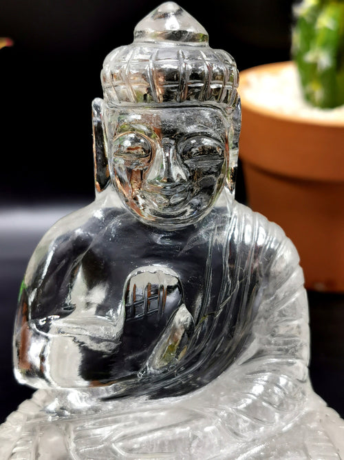 Clear Quartz/Clear Crystal Buddha - handmade carving of serene and meditating Lord Buddha - crystal/reiki/healing - 4.5 inches and 305 gms