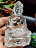 Clear Quartz/Clear Crystal Buddha - handmade carving of serene and meditating Lord Buddha - crystal/reiki/healing - 4.5 inches and 305 gms