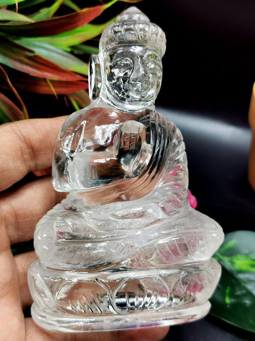 Clear Quartz/Clear Crystal Buddha - handmade carving of serene and meditating Lord Buddha - crystal/reiki/healing - 4.5 inches and 305 gms