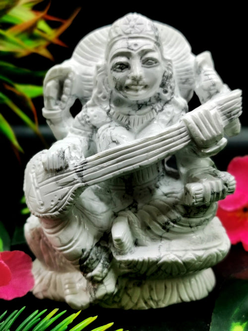 Exquisite Saraswati carving in howlite stone - Goddess of Learning idol/statue/murti in gemstones and crystals - 3.5 in and 410 gm (0.90 lb)
