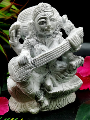 Saraswati carving in howlite stone - Goddess of Learning idol/statue/murti in gemstones and crystals - 3.5 in and 410 gm (0.90 lb)