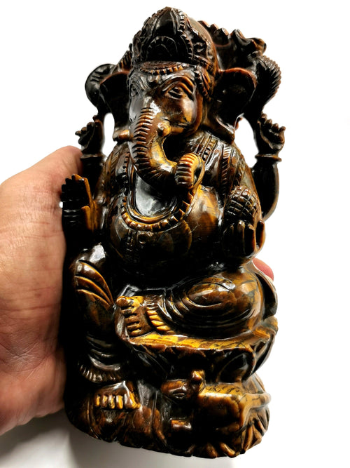 Tiger Eye Handmade Carving of Ganesh - Lord Ganesha Idol | Sculpture in Crystals/Gemstones - Reiki/Chakra/Healing - 6.2 inches and 1.09 kgs