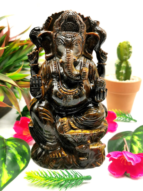 Tiger Eye Handmade Carving of Ganesh - Lord Ganesha Idol | Sculpture in Crystals/Gemstones - Reiki/Chakra/Healing - 6.2 inches and 1.09 kgs