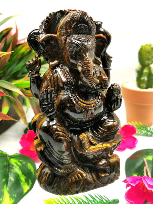 Tiger Eye Handmade Carving of Ganesh - Lord Ganesha Idol | Sculpture in Crystals/Gemstones - Reiki/Chakra/Healing - 6.2 inches and 1.09 kgs