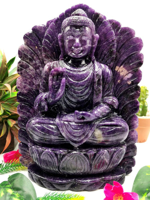 Lepidolite Buddha - handmade carving of serene and meditating Lord Buddha - crystal home decor - 10 inches and 3.44 kg (7.57 lb)