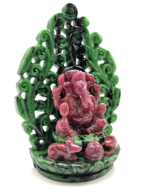 Ruby Ziosite Handmade Carving of Ganesh - Lord Ganesha Idol | Figurine in Crystals and Gemstones - 4.2 inches and 1360 carats