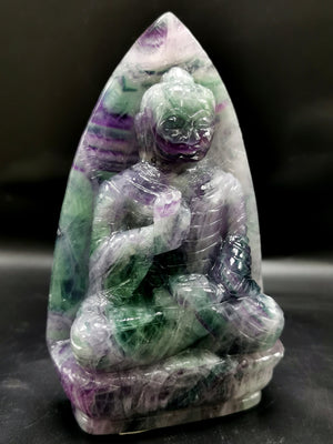 Multicolor Fluorite Buddha on leaf - handmade carving of serene and meditating Lord Buddha - crystal/reiki - 7 inches and 1.29 kg (2.84 lb)