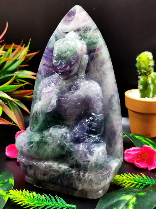 Multicolor Fluorite Buddha on leaf - handmade carving of serene and meditating Lord Buddha - crystal/reiki - 7 inches and 1.29 kg (2.84 lb)