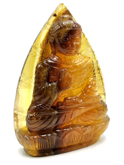 Yellow Fluorite Buddha on a leaf - handmade carving of serene and meditating Lord Buddha - crystal/reiki - 7 inches and 1.3 kgs (2.86 lb)