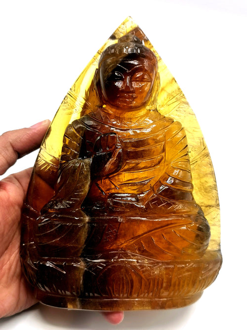 Yellow Fluorite Buddha on a leaf - handmade carving of serene and meditating Lord Buddha - crystal/reiki - 7 inches and 1.3 kgs (2.86 lb)