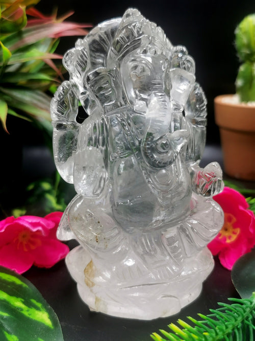 Ganesh statue in Clear Quartz Handmade Carving - Ganesha Ido |Sculpture in Crystals and Gemstones - 4.5 inches and 475 gms (1.05 lb)