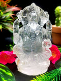 Ganesh statue in Clear Quartz Handmade Carving - Ganesha Ido |Sculpture in Crystals and Gemstones - 4.5 inches and 475 gms (1.05 lb)